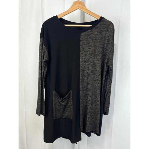 SUN KIM Colorblock Tunic Top Long Sleeve Asymmetric Pocket Hem Black Brown S - Picture 7 of 7
